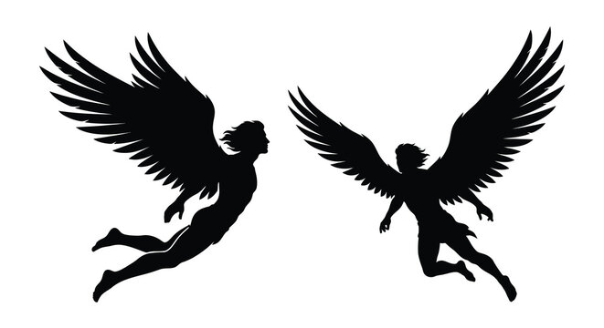 Pair of winged figures in dynamic poses black and white silhouette wings angel angels avian feather