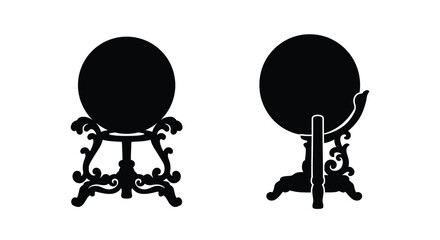 Two ornate globe silhouettes with stands a black and white graphic silhouette spherical stand support design © Aklima