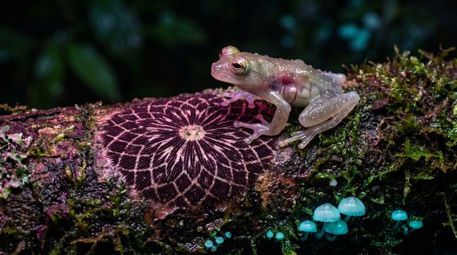 Exotic Glass Frog on Vibrant Moss with Bioluminescent Fungi in a Lush Jungle