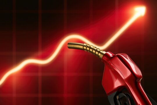Rising Fuel Price: A close-up of a red fuel pump nozzle with a glowing red upward trend graph in the background, symbolizing rising fuel costs and economic impact.