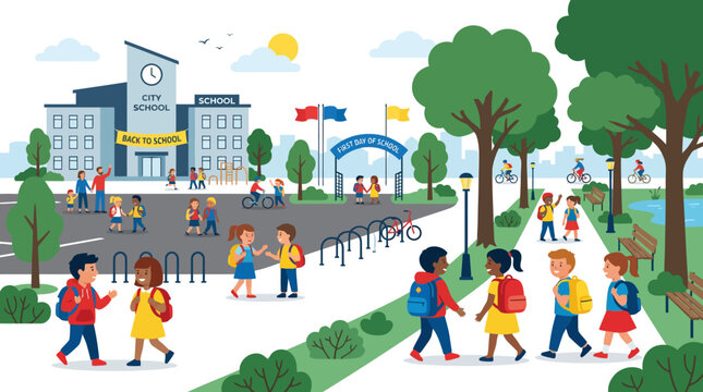 Children walking to school in a park with school building and trees