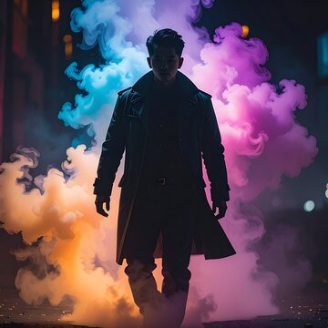 A man in a long coat walks through colorful smoke