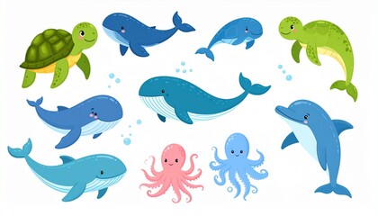 Obraz premium Adorable sea creatures vector set featuring turtle, whale, octopus, dolphin, and fish in ocean water