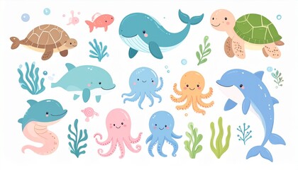 Naklejka premium Adorable sea creatures swim together in an underwater scene with turtle, whale, octopus and dolphin.