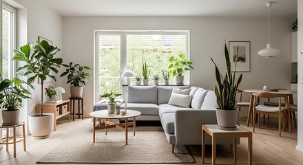 Fototapeta premium Modern living room interior filled with lush green houseplants interior houseplants apartment lifestyle furniture greenery domestic minimalist