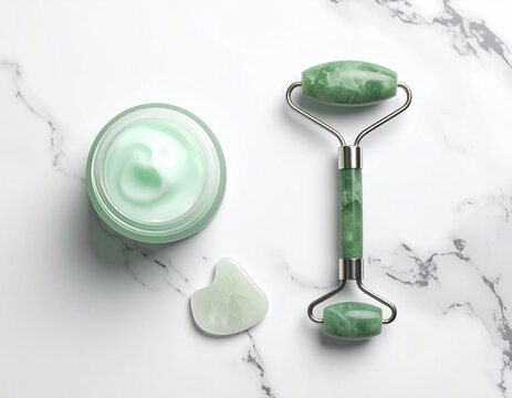 Jade Roller, Gua Sha and Facial Cream on Marble Background