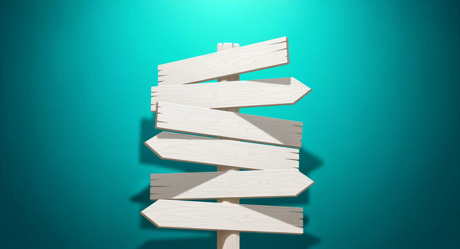 Blank white wooden signpost with multiple arrows pointing in different directions against a teal background. Minimalist 3D illustration of a directional post with many paths. Decision making concept.