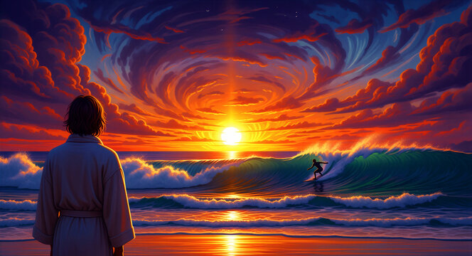 Man in a robe watching a surfer catch a wave at a vibrant sunset. Dramatic swirling clouds and golden light reflect on the ocean water. Spiritual inspiration and nature concept for motivation.