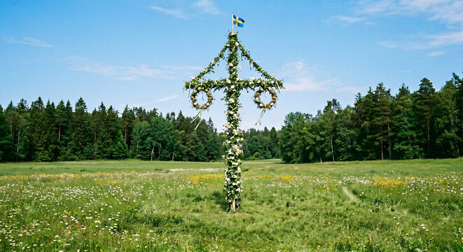Traditional Swedish Midsummer maypole standing in center of a lush green meadow