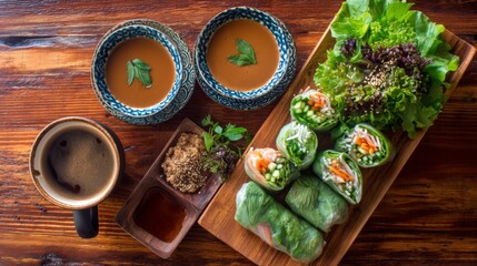 Fototapeta premium Fresh Spring Rolls with Vegetables, Herb-infused Dipping Sauce, Green Leafy Salad, and Coffee on Rustic Wooden Table Setting