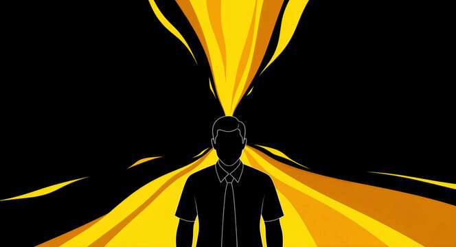 Silhouette of a businessman with bright yellow light beams exploding from his head. Vibrant rays emerge from the person's mind against a dark background. Creative thinking and inspiration concept.