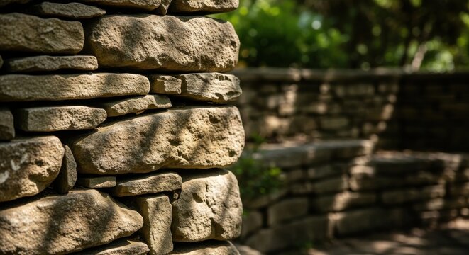 Close-up view of a rustic natural stone wall corner with uneven textures and a blurred green foliage background