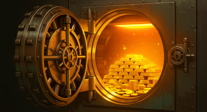 Open bank vault door revealing glowing gold bars and coins. Heavy steel safe displays stacks of bullion in warm light. Wealth concept for banking, investment, and financial security themes.