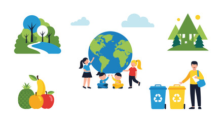 Fototapeta premium Environmental conservation concept showing children around earth, recycling bins, a forest, fruit, and a sustainable house.