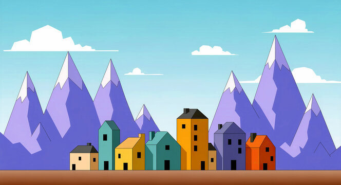 Minimalist village with colorful houses in front of purple mountains. Flat design illustration shows a row of small homes under a blue sky. Cartoon landscape concept, ideal for web backgrounds.