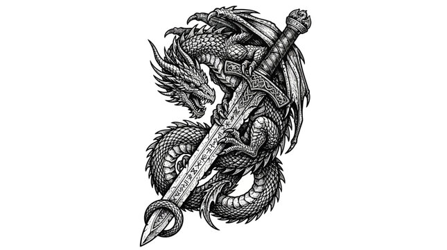 Mythical dragon coiled around ornate medieval broadsword illustration.