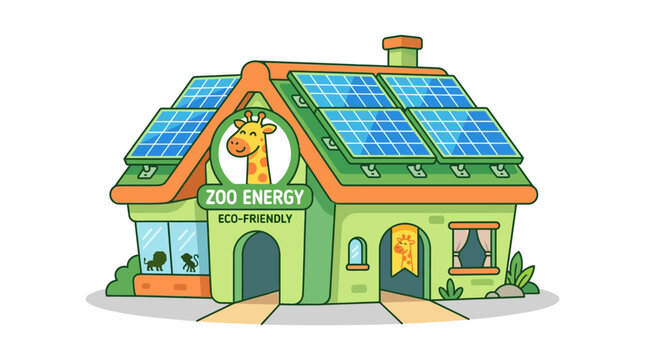 Eco-friendly zoo building with solar panels, giraffe logo, and sustainable energy concept.