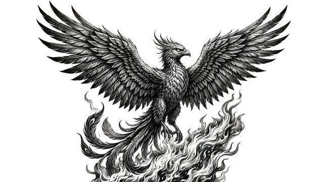 Majestic phoenix bird rising from flames detailed line art illustration.