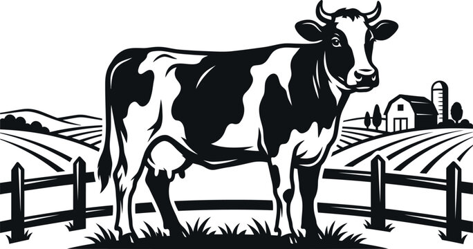 Holstein frisian cow with farm landscape black and white vector illustration