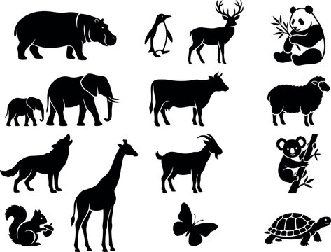 Animal Silhouettes Collection Black Shapes On White Background