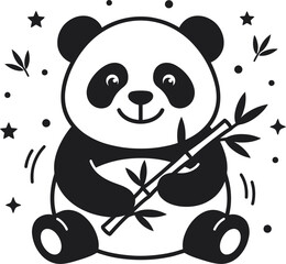 Panda Bear Silhouette With Bamboo Black And White Illustration © MdHamid