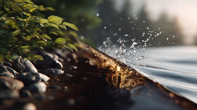 Tranquil Shoreline: Gentle waves lap against a rocky shore, with lush green foliage framing the scene as sunlight dances on the water's surface, creating a serene and refreshing atmosphere.