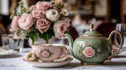 Fototapeta premium Elegant tea set with roses and delicate flowers on a beautifully arranged table in a charming indoor setting, perfect for a vintage tea party atmosphere