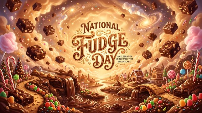 Whimsical candy land landscape with fudge and sweets for national fudge day
