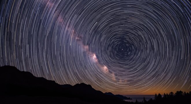 Star Trails Over Mountainous Landscape at Night.
