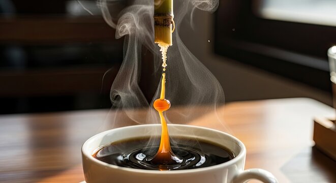 Steaming Hot Coffee Pouring into Mug.