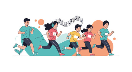 Fototapeta premium Group of determined children participating in a marathon race with participant numbers and floating music symbols.