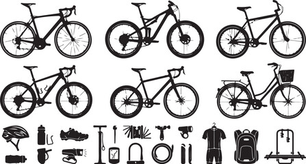 Obraz premium Bicycle icons, bike accessories, cycling elements, vector illustrations
