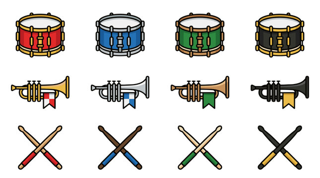 Collection of colorful musical instruments and accessories for band