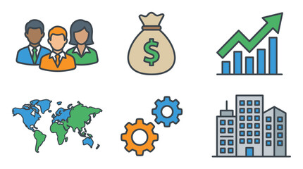 Fototapeta premium Business icons representing finance growth teamwork and global reach.