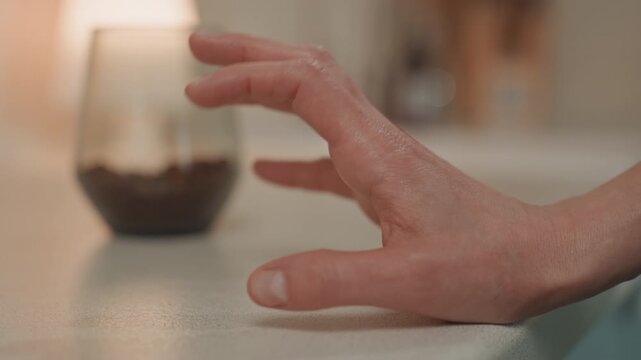 White woman fingertips exploring textured countertop near glass jar and soft lamp bokeh, playful tapping sequence like percussive practice, home composer mood with barista vibe and rhythmic curiosity