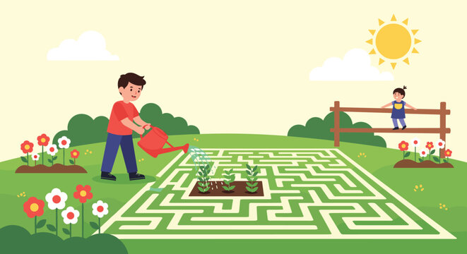 Boy watering plants inside a complex garden maze while a young girl watches from a wooden fence under the bright sun.