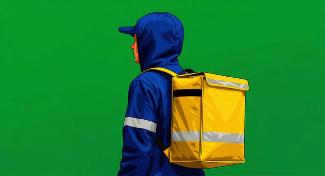 Delivery man with yellow backpack standing against a green background. Courier wearing blue uniform and hoodie prepared for food transport. Fast shipping service concept for delivery app marketing.