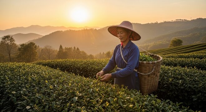 Farmer picking crops in a lush green field at sunset