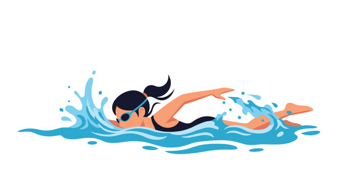 Professional female swimmer wearing goggles and a swimsuit performing a crawl stroke through splashing blue water.