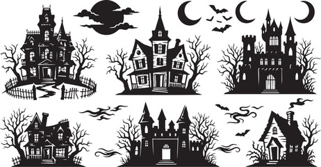 Obraz premium Halloween haunted houses, spooky mansions, creepy castles, black silhouette vector set