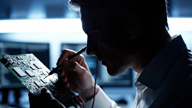 Engineer repairing circuit board in close silhouette, using precision probe to inspect electronic components, highlighting hardware diagnostics, microelectronics service, technical innovation workflow
