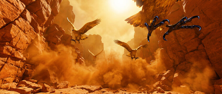 Majestic eagles flying through a dusty red rock canyon at sunset. Golden birds of prey soaring in a desert gorge with sharp talons in view. Predatory wildlife concept, ideal for adventure travel.