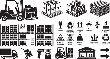 Fototapeta premium Warehouse icons, industrial symbols, logistics graphics, 40 black and white illustrations