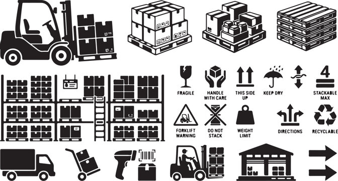 Warehouse icons, industrial symbols, logistics graphics, 40 black and white illustrations