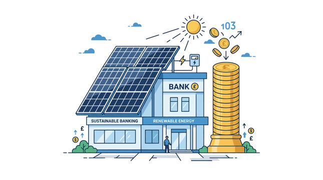 Solar Power Bank Building with Renewable Energy and Money Stack