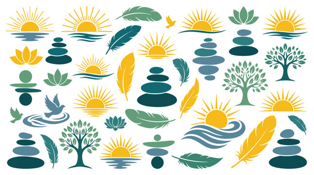 Collection of illustrations depicting peaceful nature scenes and elements