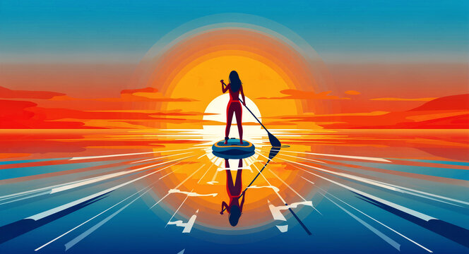 Woman stand-up paddleboarding during a vibrant sunset over calm water. Minimalist digital illustration with rich orange and blue gradients. Wellness concept for travel and summer marketing.