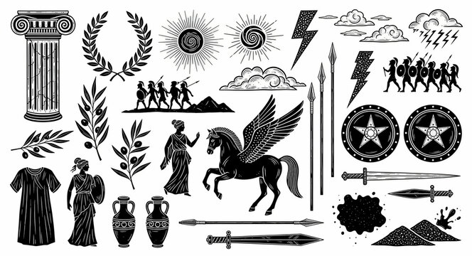 Hand-drawn Ancient Greek and Roman mythology icons set. Includes Pegasus, column, laurel wreath, warriors, and olive branches. Classical antiquity vectors for educational graphics and branding.