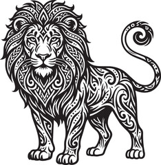 Obraz premium A majestic lion standing with detailed black and white tribal patterns and intricate floral line art