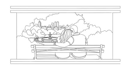 Fototapeta premium Couple on bench overlooking city skyline and trees, romantic view, love, relationship, urban landscape